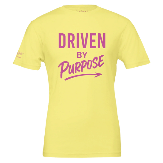 Yellow unisex t-shirt with pink Driven by Purpose motivational text and arrow design on front