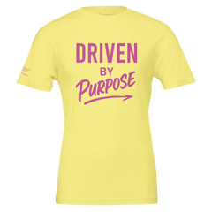 Yellow unisex t-shirt with pink Driven by Purpose motivational text and arrow design on front