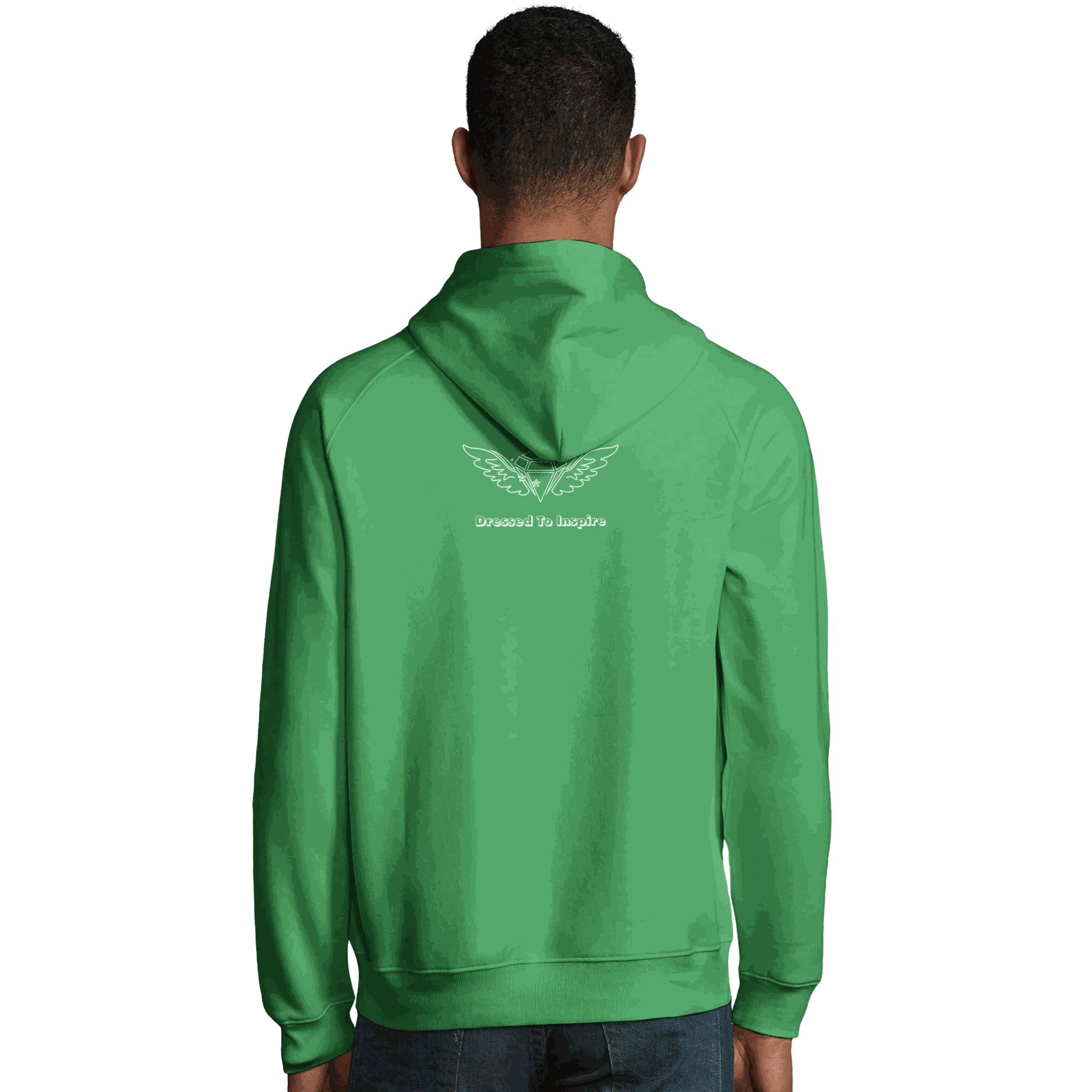 Back view of green organic unisex hoodie with "Dream It. DO IT." motivational design and winged logo