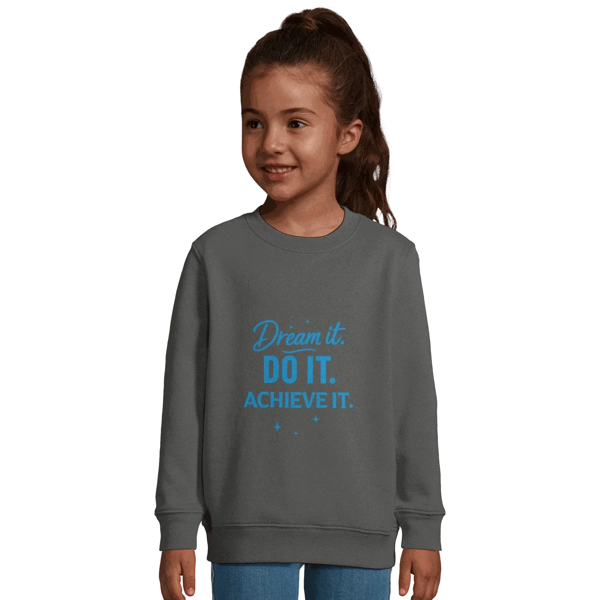 Child wearing grey recycled kids sweatshirt with blue motivational text Dream It. Do It. Achieve It.