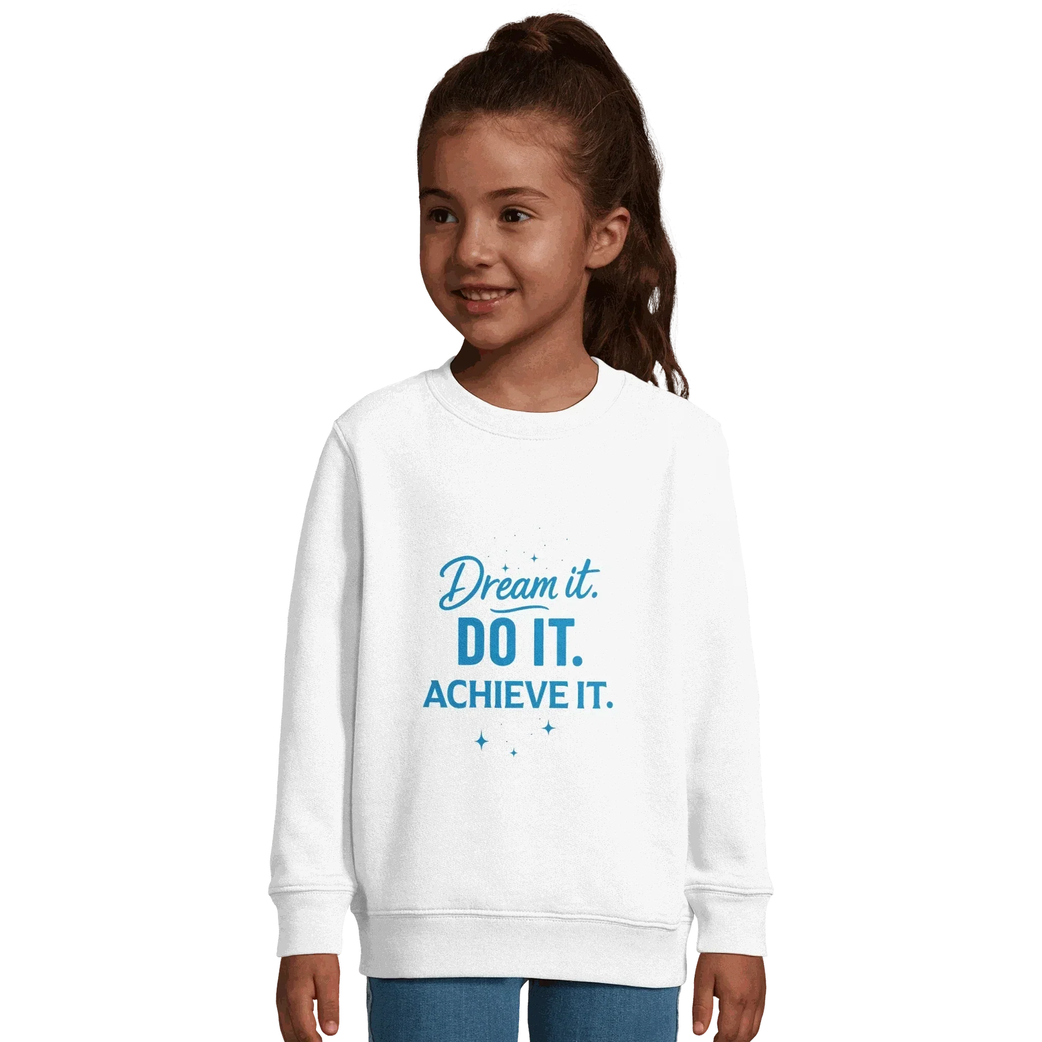 Child wearing white eco-friendly sweatshirt with blue "Dream It. DO IT. ACHIEVE IT." motivational text