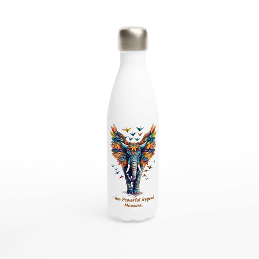 White stainless steel motivational water bottle with colorful elephant design and "I Am Powerful Beyond Measure" text, 500ml capacity.