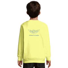 Child wearing yellow recycled sweatshirt with "Dream It. Do It." motivational design on back