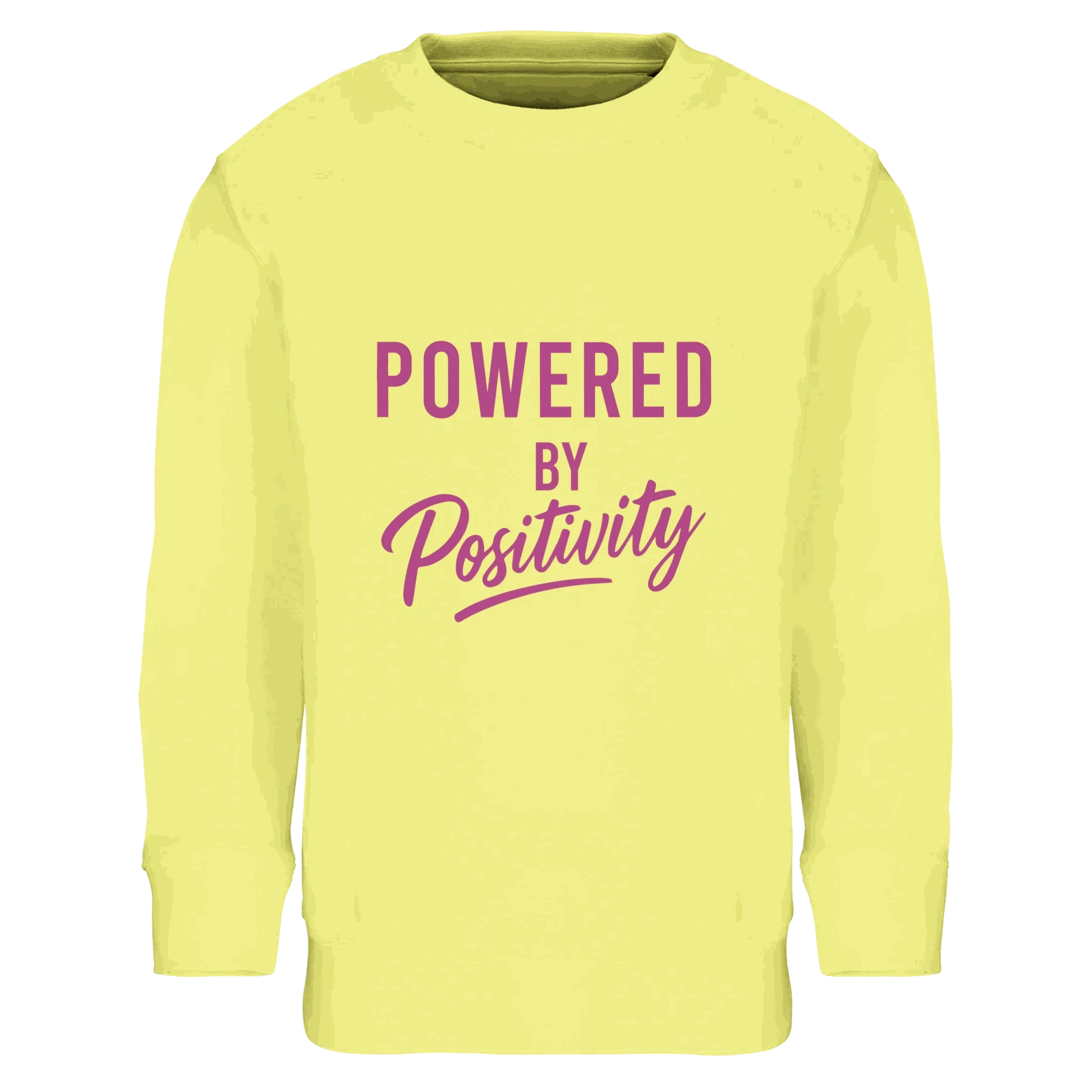 Yellow kids sweatshirt with "Powered by Positivity" motivational text, made from cotton and recycled polyester blend