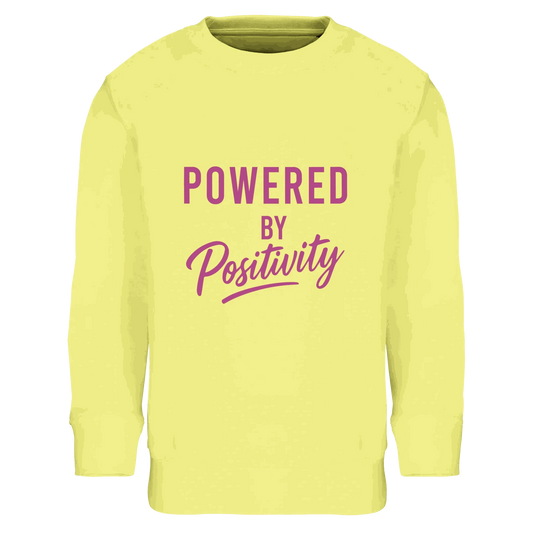 Yellow kids sweatshirt with "Powered by Positivity" motivational text, made from cotton and recycled polyester blend