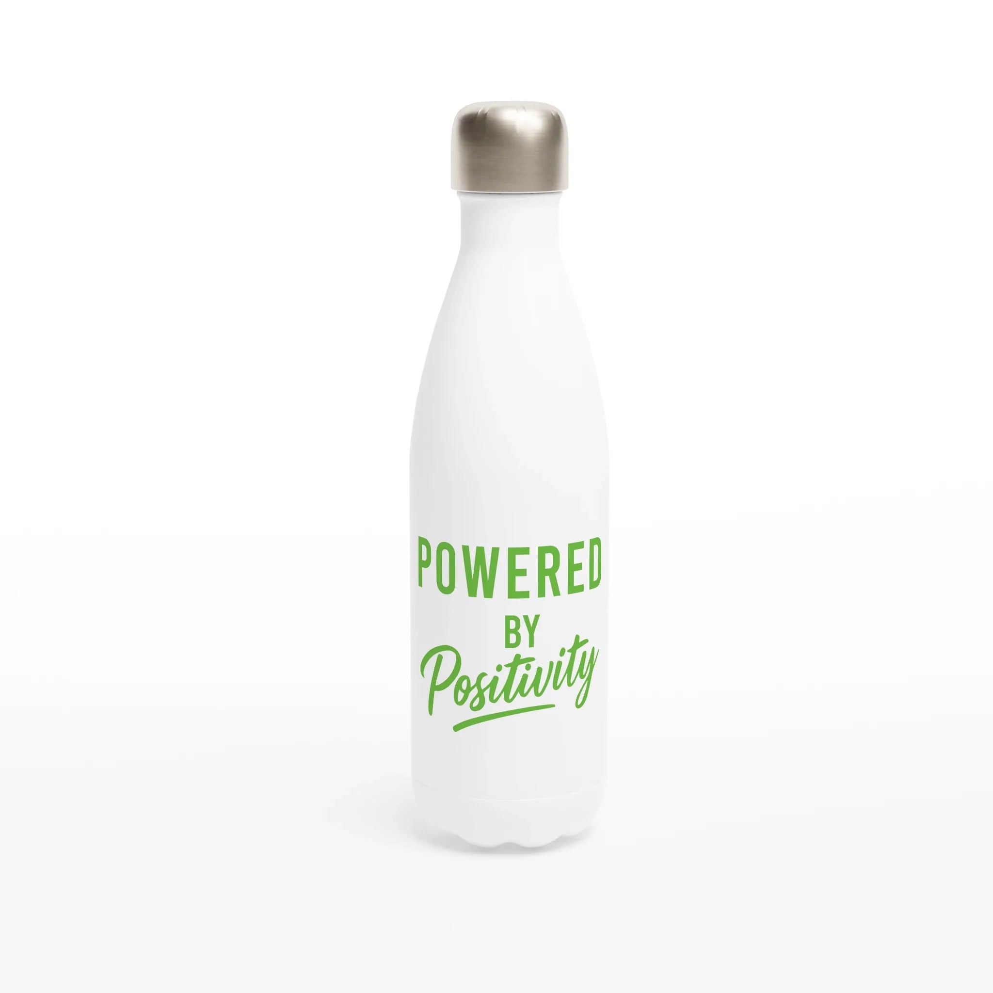 White and green motivational water bottle with "Powered by Positivity" text, 500ml stainless steel, insulated and leak-proof design