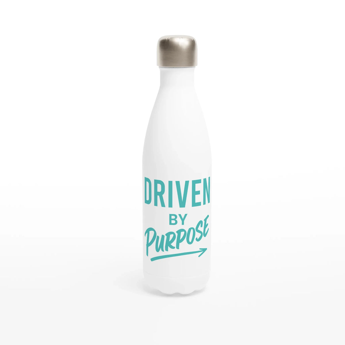 White motivational water bottle with turquoise "Driven by Purpose" text and stainless steel cap, 500ml capacity