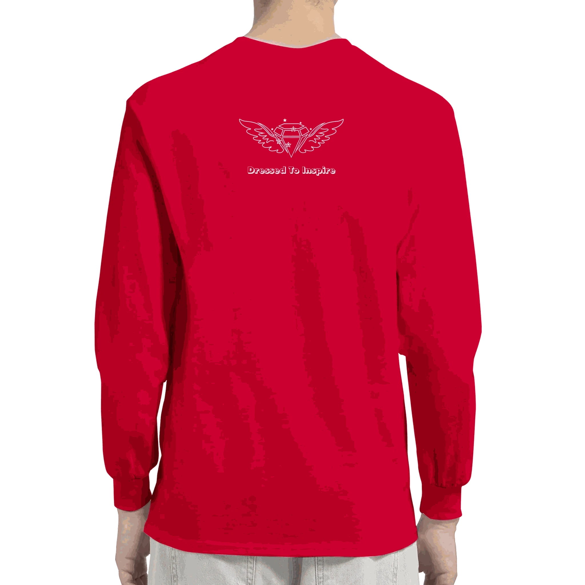 Back view of red Dream It. Do It. motivational classic unisex longsleeve t-shirt with winged diamond logo and Dressed To Inspire text