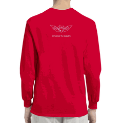Back view of red Dream It. Do It. motivational classic unisex longsleeve t-shirt with winged diamond logo and Dressed To Inspire text
