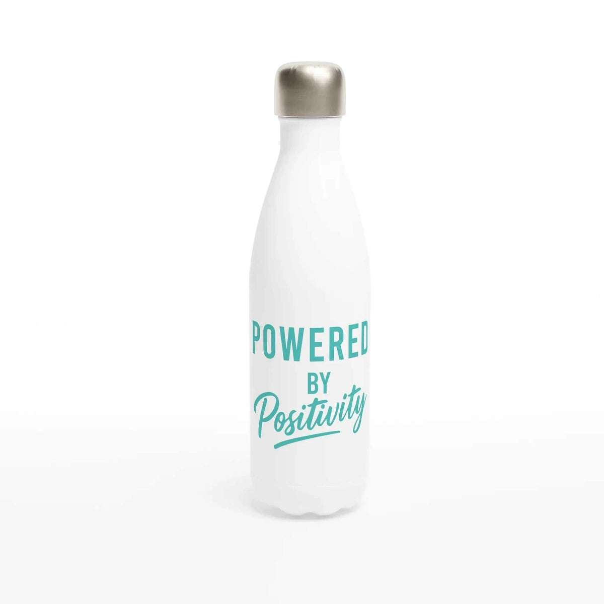 White stainless steel water bottle with turquoise "Powered By Positivity" motivational text, 500ml capacity