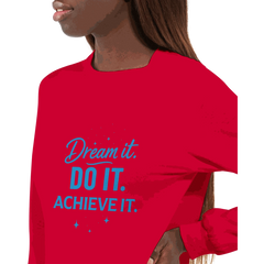 Unisex red longsleeve shirt with blue "Dream it. DO IT. ACHIEVE IT." motivational text, classic fit, ribbed cuffs, comfortable breathable fabric.