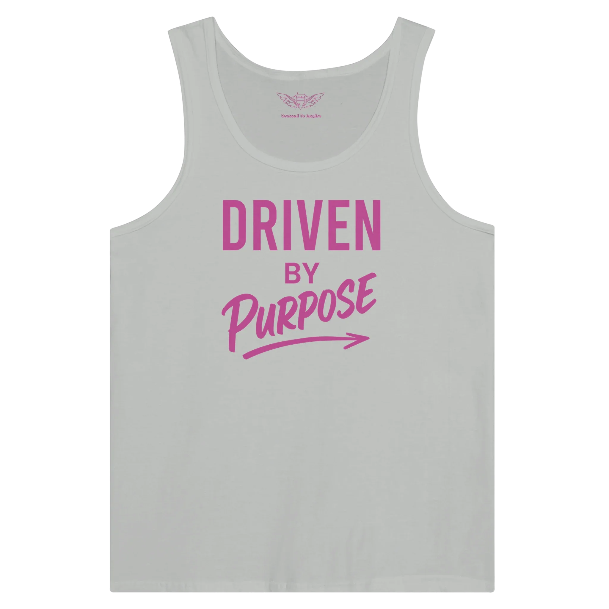 Unisex grey tank top with pink "Driven by Purpose" motivational text design