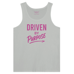 Unisex grey tank top with pink "Driven by Purpose" motivational text design