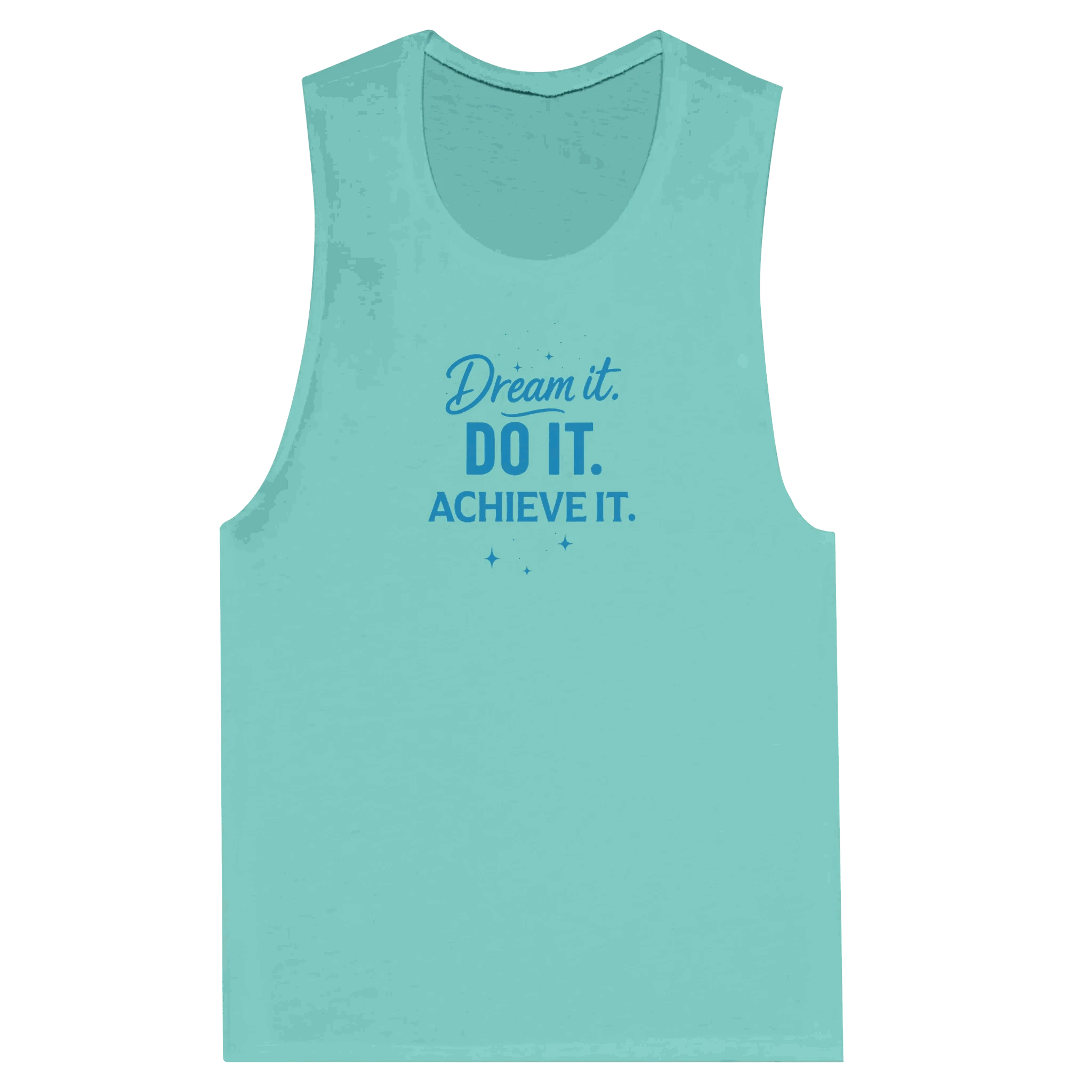 Women's motivational muscle tank top in light blue with "Dream it. Do it. Achieve it." inspirational text design