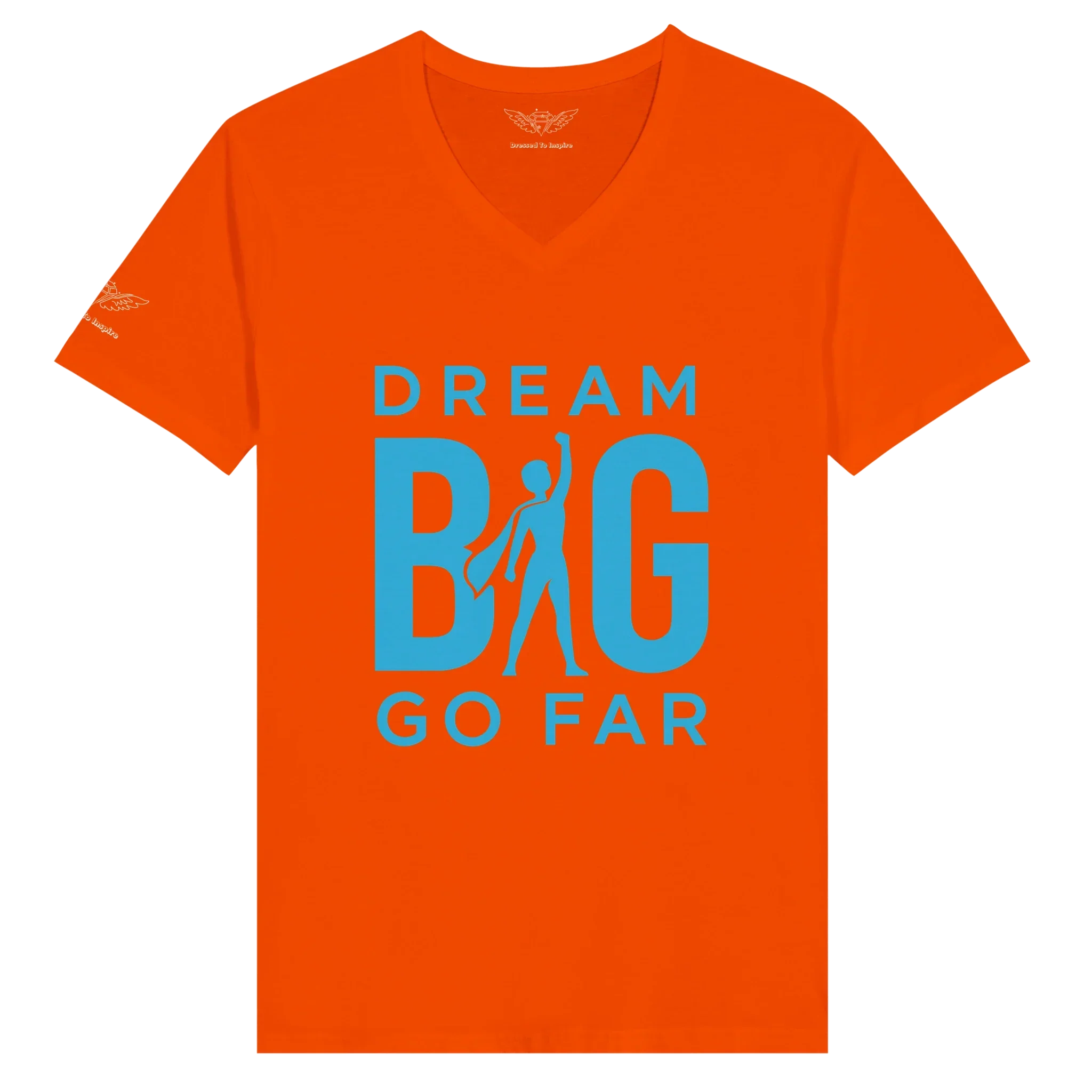 Orange unisex V-neck T-shirt with blue "Dream BIG Go Far" motivational graphic and silhouette design