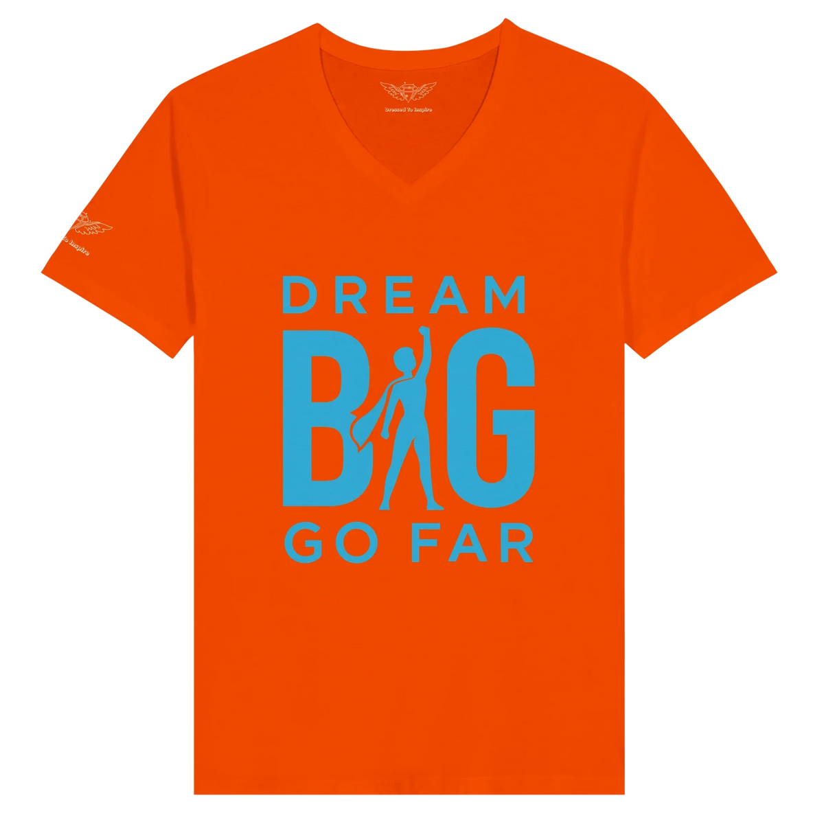 Orange unisex V-neck T-shirt with blue "Dream BIG Go Far" motivational graphic and silhouette design