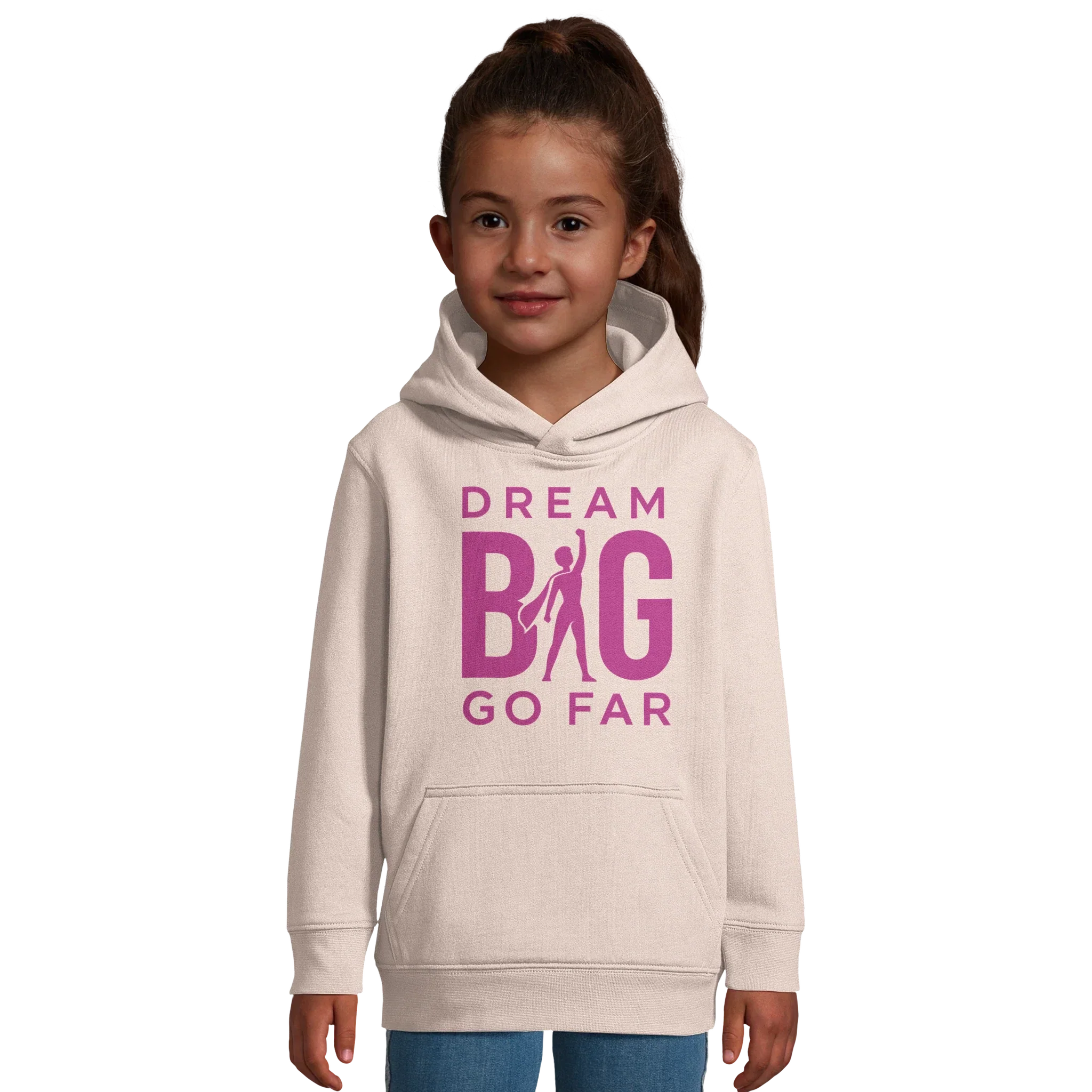 Dream BIG HoodieGirl wearing cream-colored eco-friendly kids hoodie with "Dream BIG Go Far" motivational text in purple