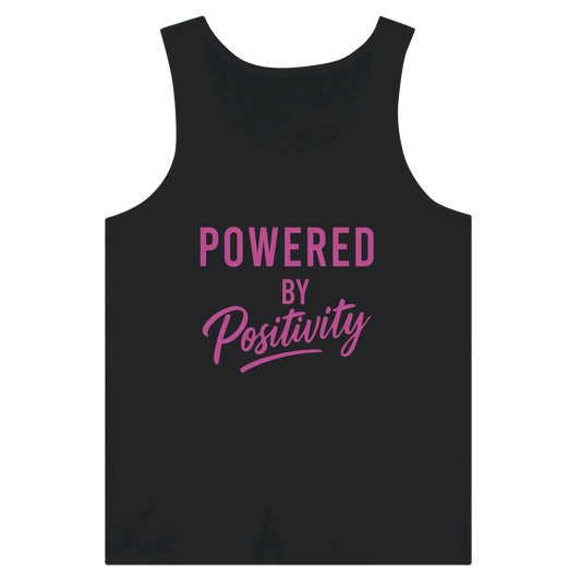 Black unisex tank top with "Powered by Positivity" motivational pink text design