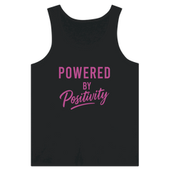 Black unisex tank top with "Powered by Positivity" motivational pink text design