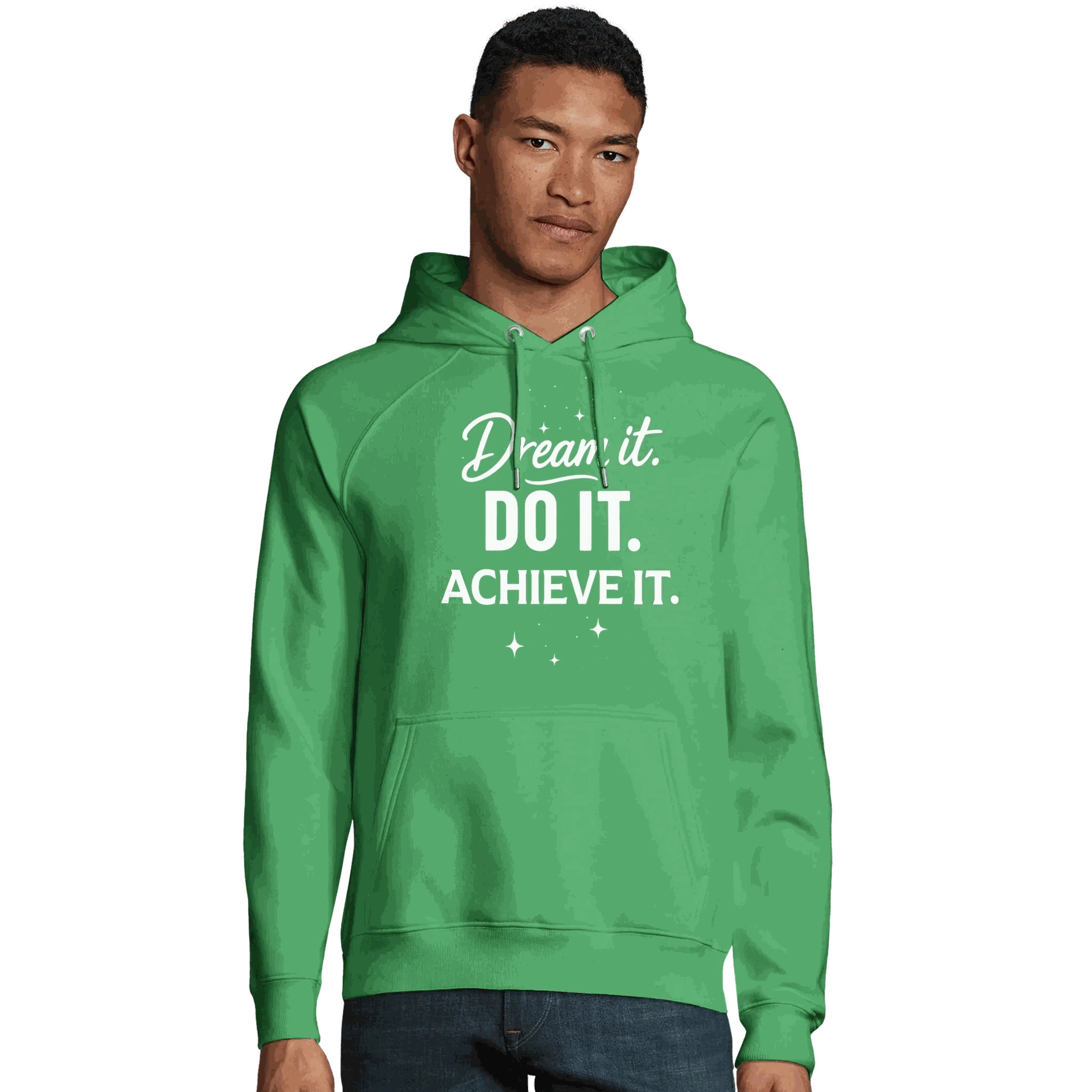 Green unisex organic hoodie with Dream It DO IT Achieve It motivational slogan