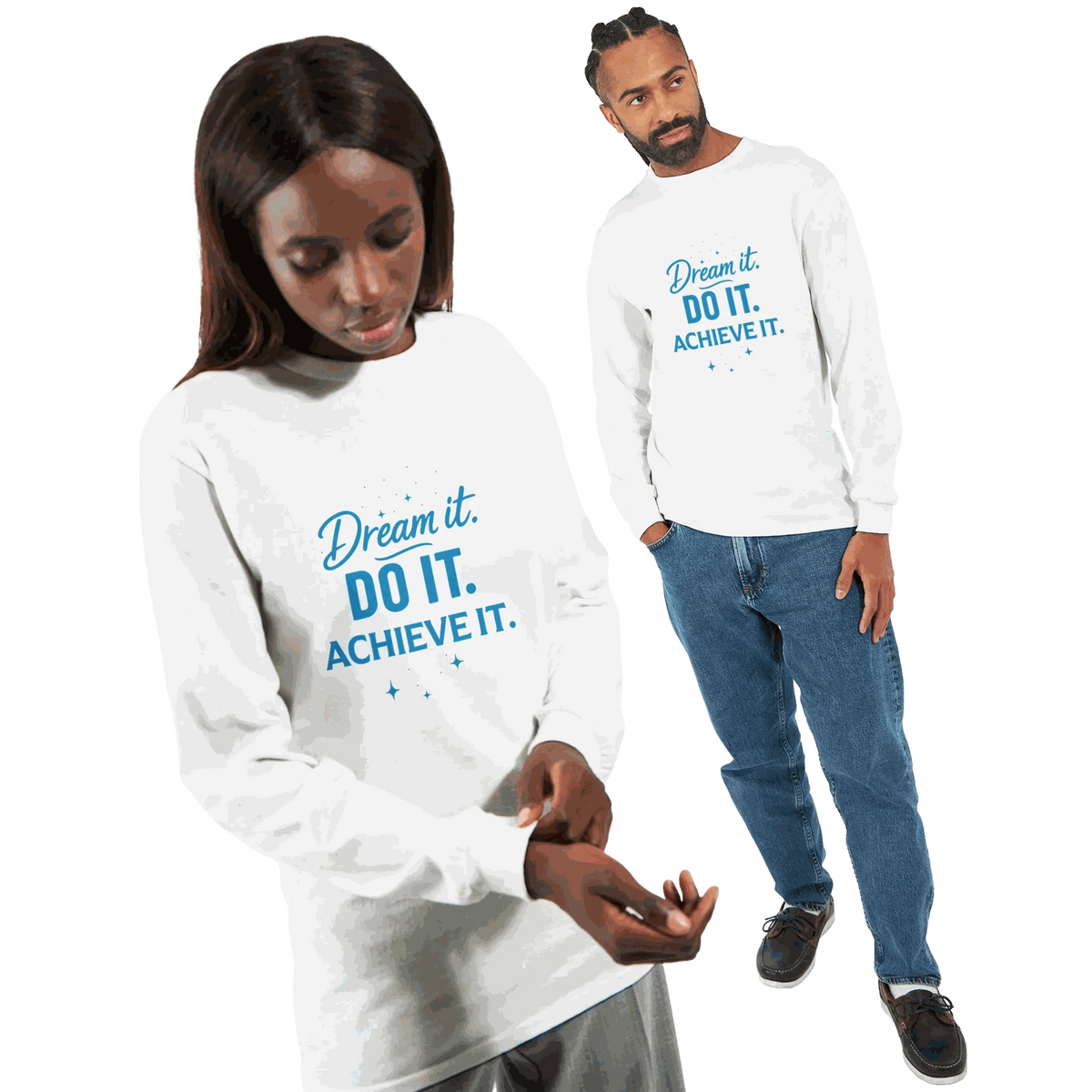 Unisex white long sleeve motivational t-shirt with "Dream it. Do it. Achieve it." text design, casual and comfortable fit