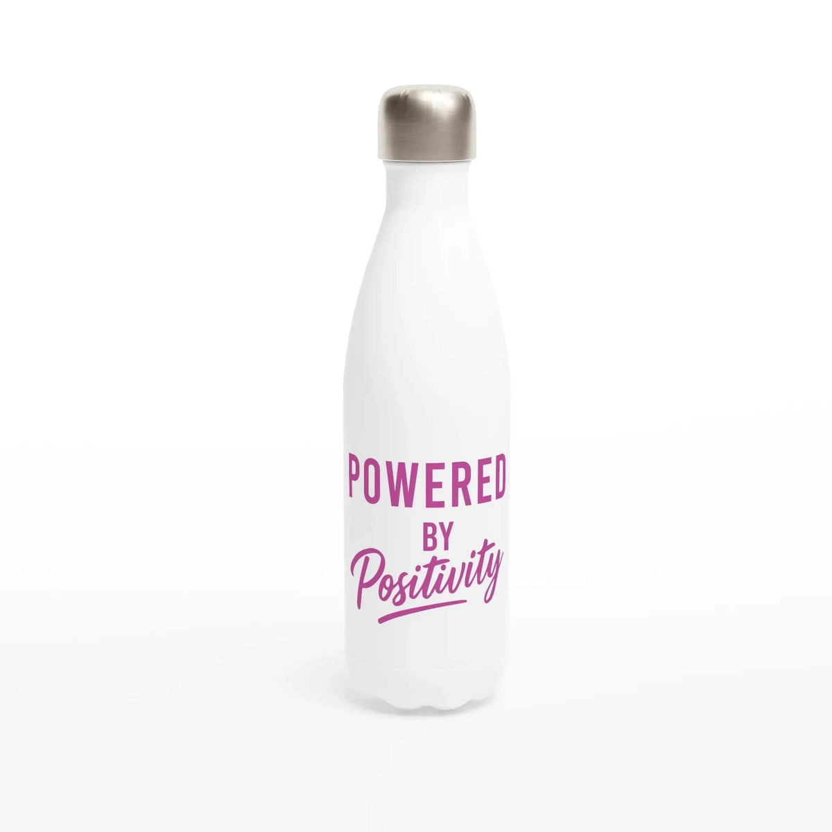 White and pink motivational water bottle with "Powered By Positivity" text, 500ml stainless steel insulated bottle
