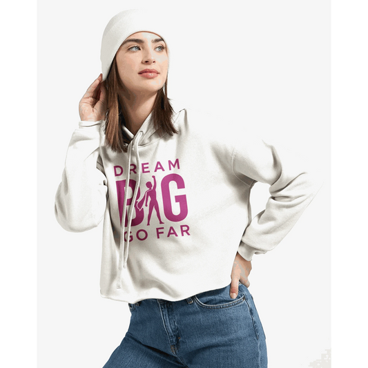Woman wearing white Dream BIG hoodie with motivational text and raw hem style