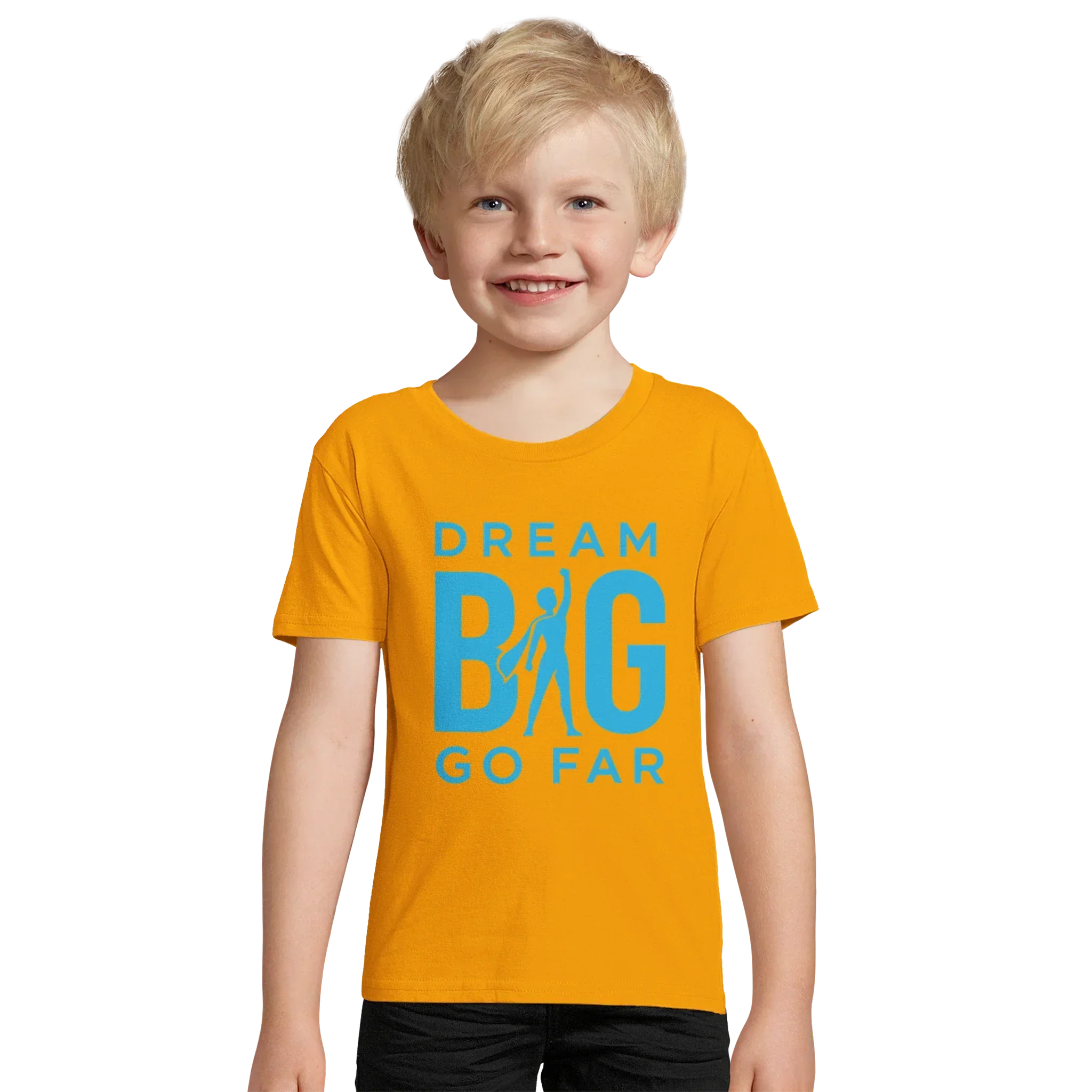 Child wearing orange organic cotton t-shirt with blue "Dream BIG Go Far" motivational text