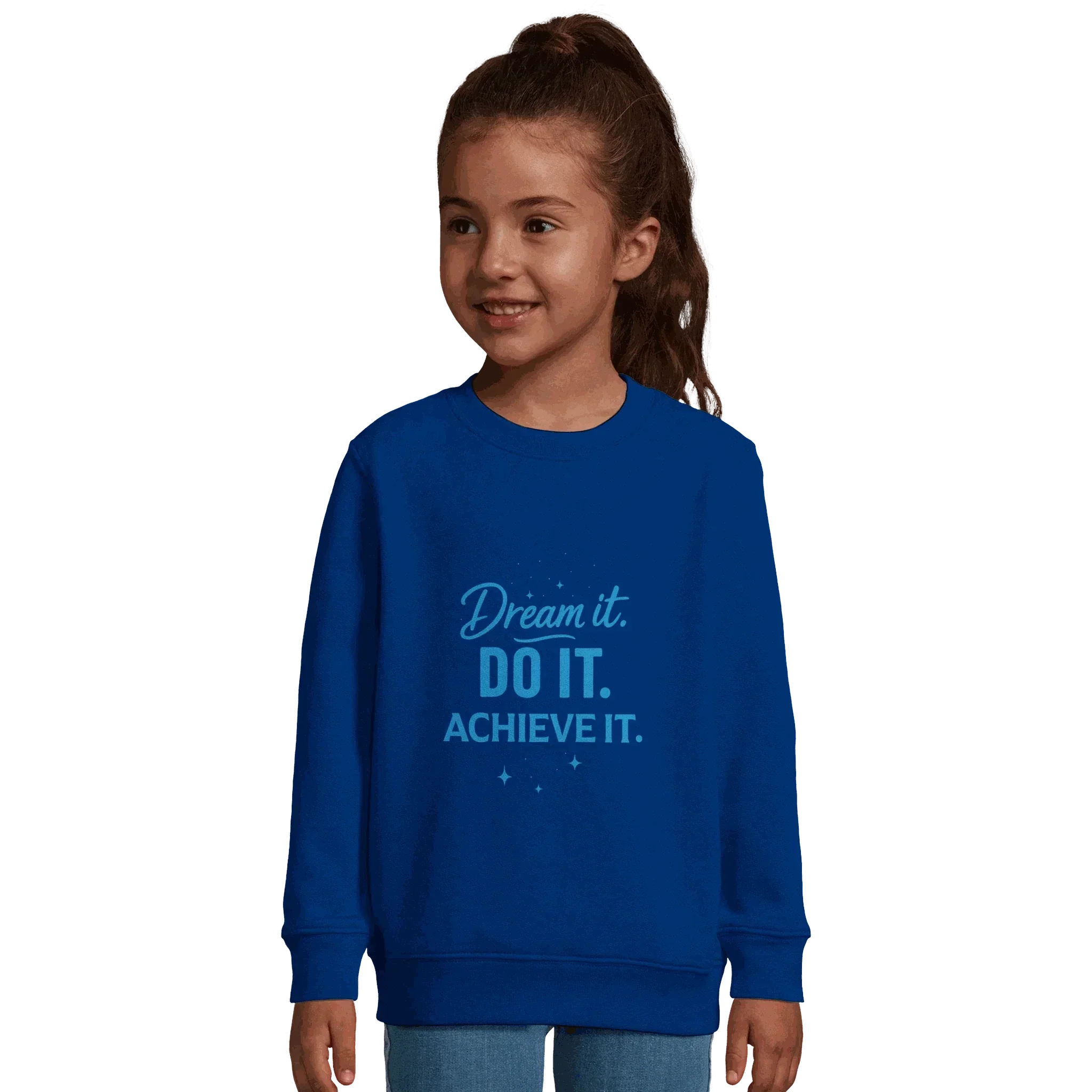 Child wearing blue recycled kids sweatshirt with Dream It Do It Achieve It motivational text