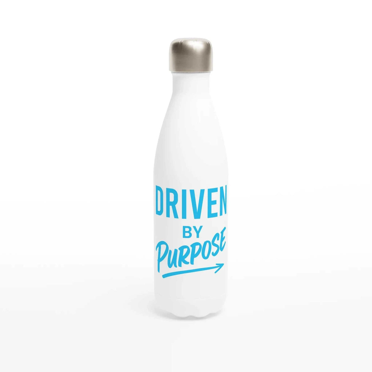 Sky blue and white stainless steel motivational water bottle with "Driven By Purpose" text, 500ml capacity