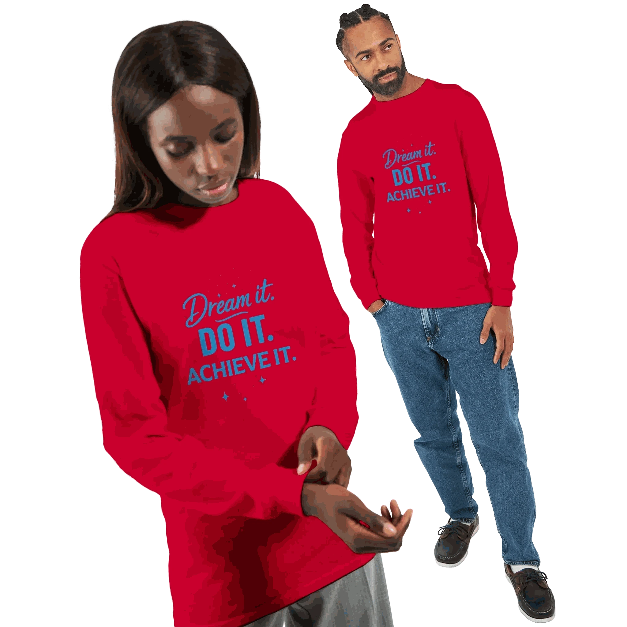 Unisex red longsleeve motivational T-shirt with "Dream it. DO IT. ACHIEVE IT." text, classic fit, comfortable and breathable fabric.