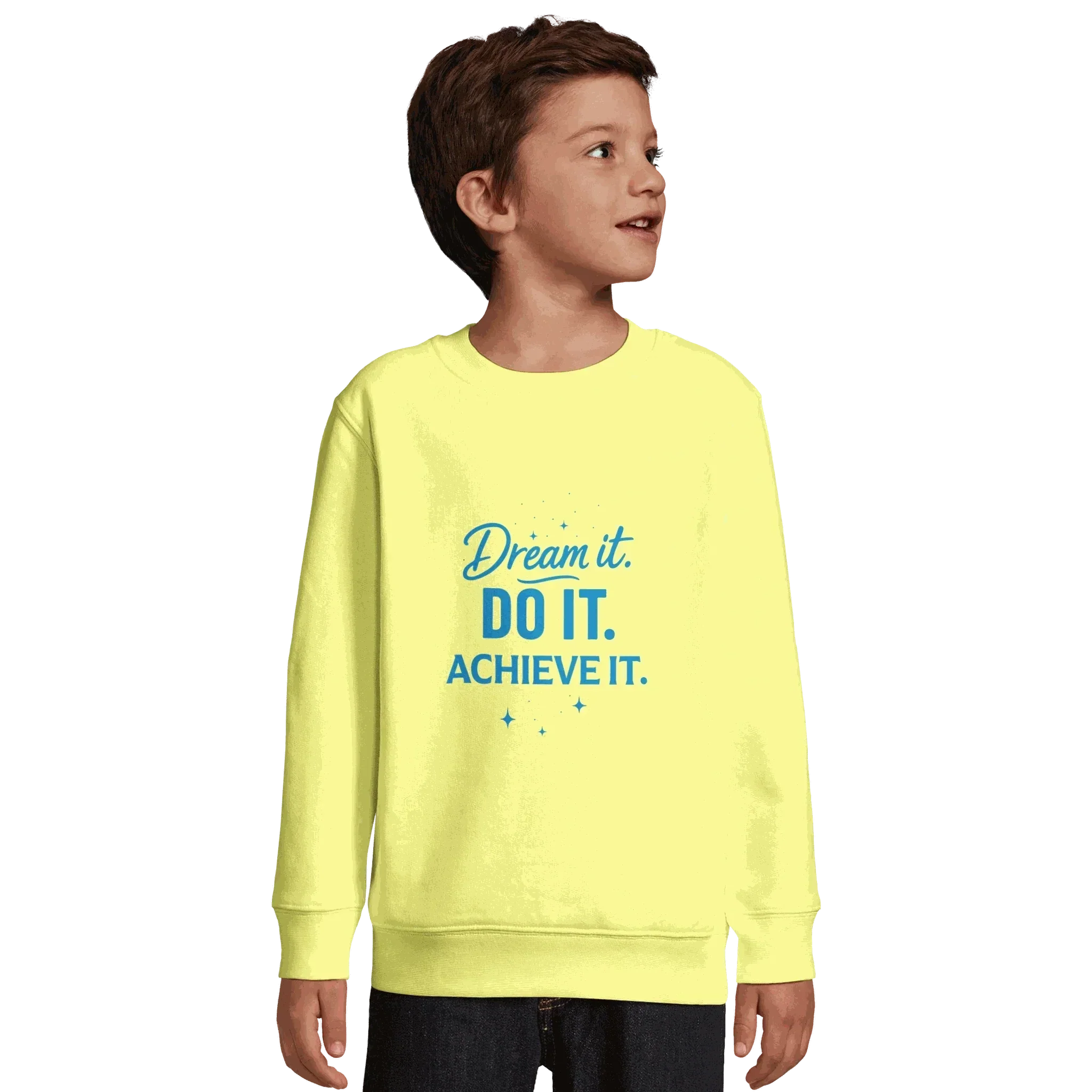 Child wearing yellow recycled kids sweatshirt with Dream It. Do It. Achieve It. motivational text