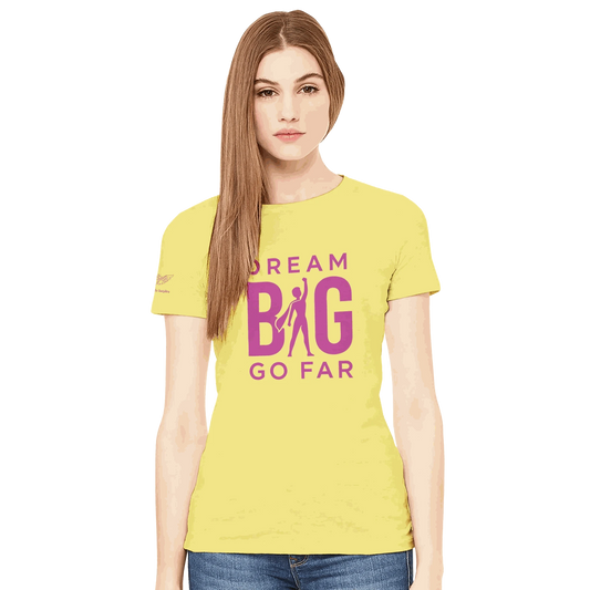 Woman wearing yellow Dream BIG Go Far motivational crewneck t-shirt