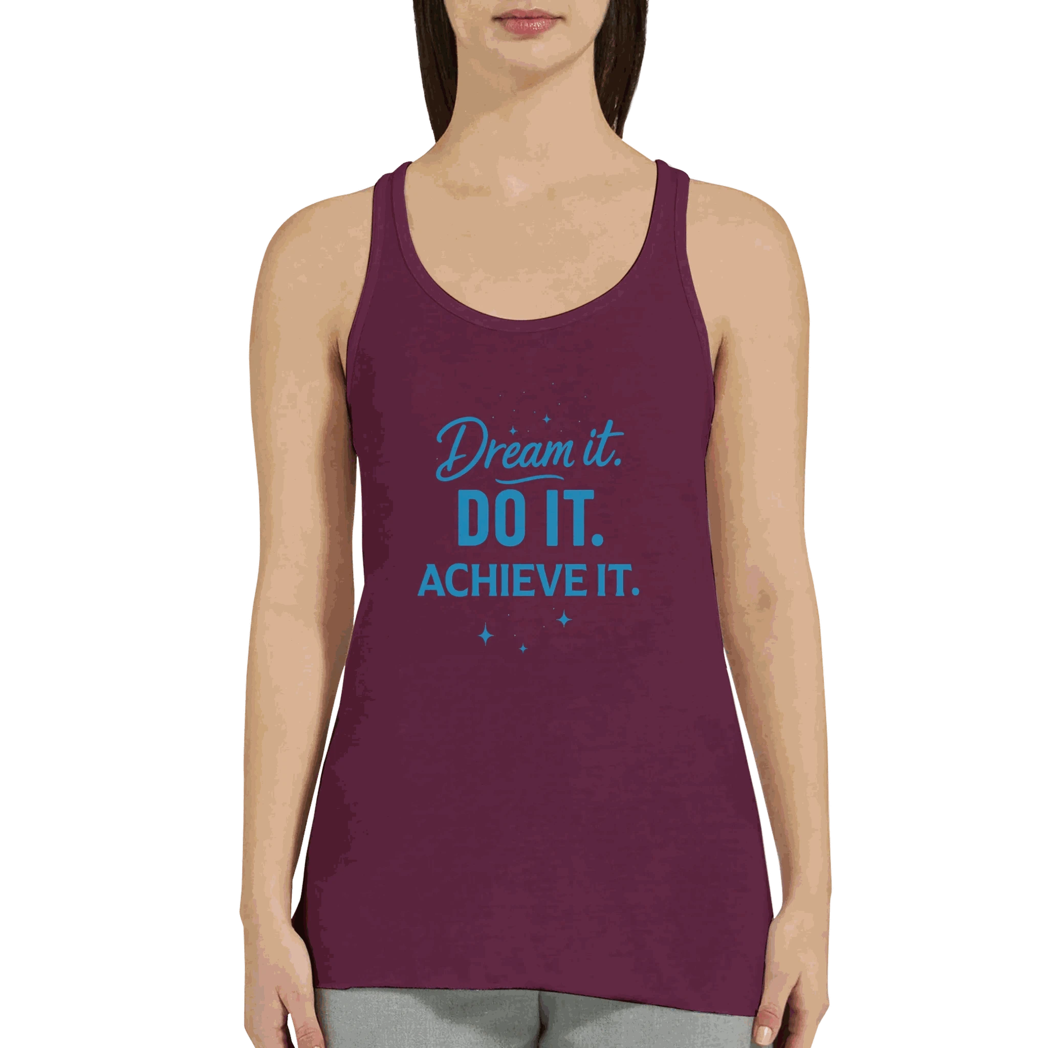 Women's motivational tank top in purple with "Dream it. Do it. Achieve it." text printed on the front