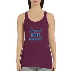Women's motivational tank top in purple with "Dream it. Do it. Achieve it." text printed on the front
