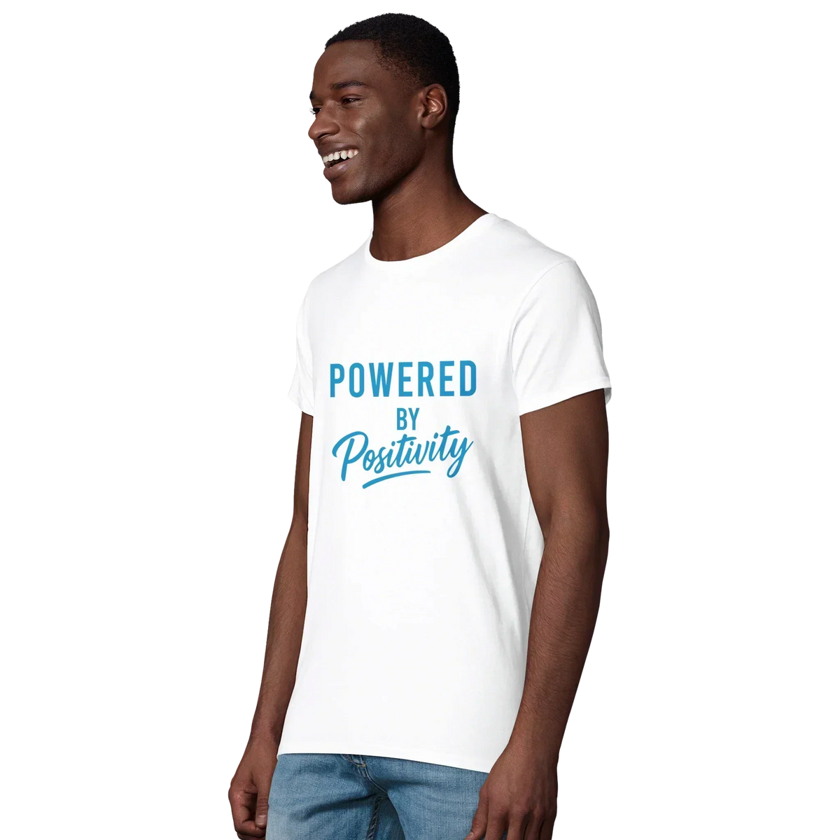 Smiling man wearing white Powered by Positivity motivational t-shirt