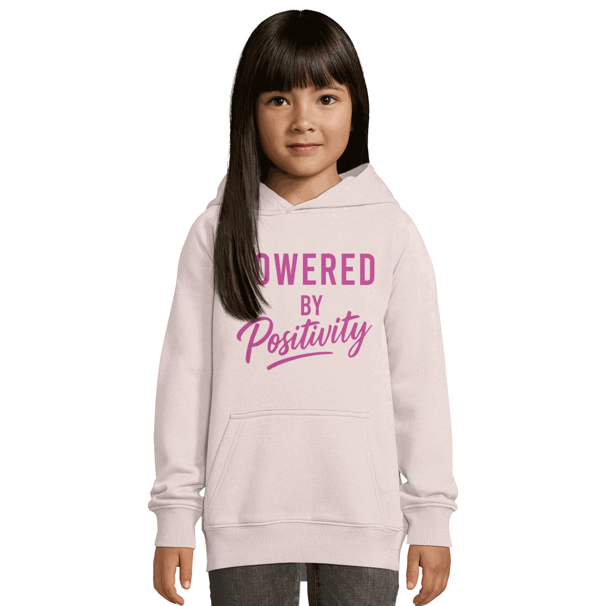 Girl wearing a motivational organic kids hoodie with "Powered by Positivity" text in pink letters