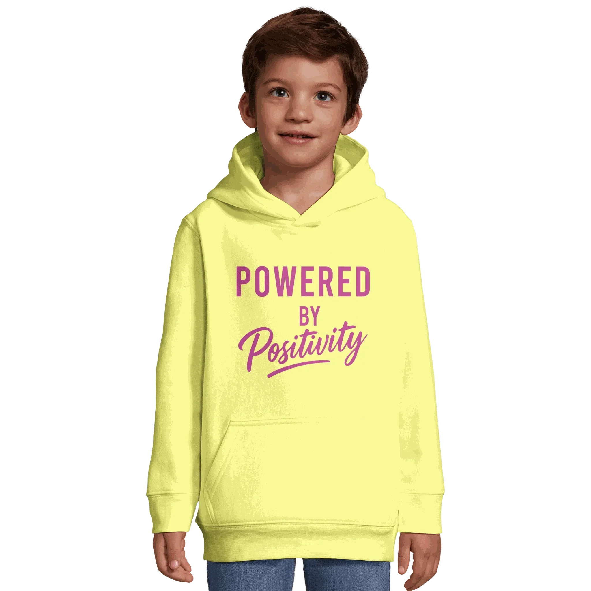 Child wearing a yellow motivational recycled blend kids hoodie with "Powered by Positivity" text