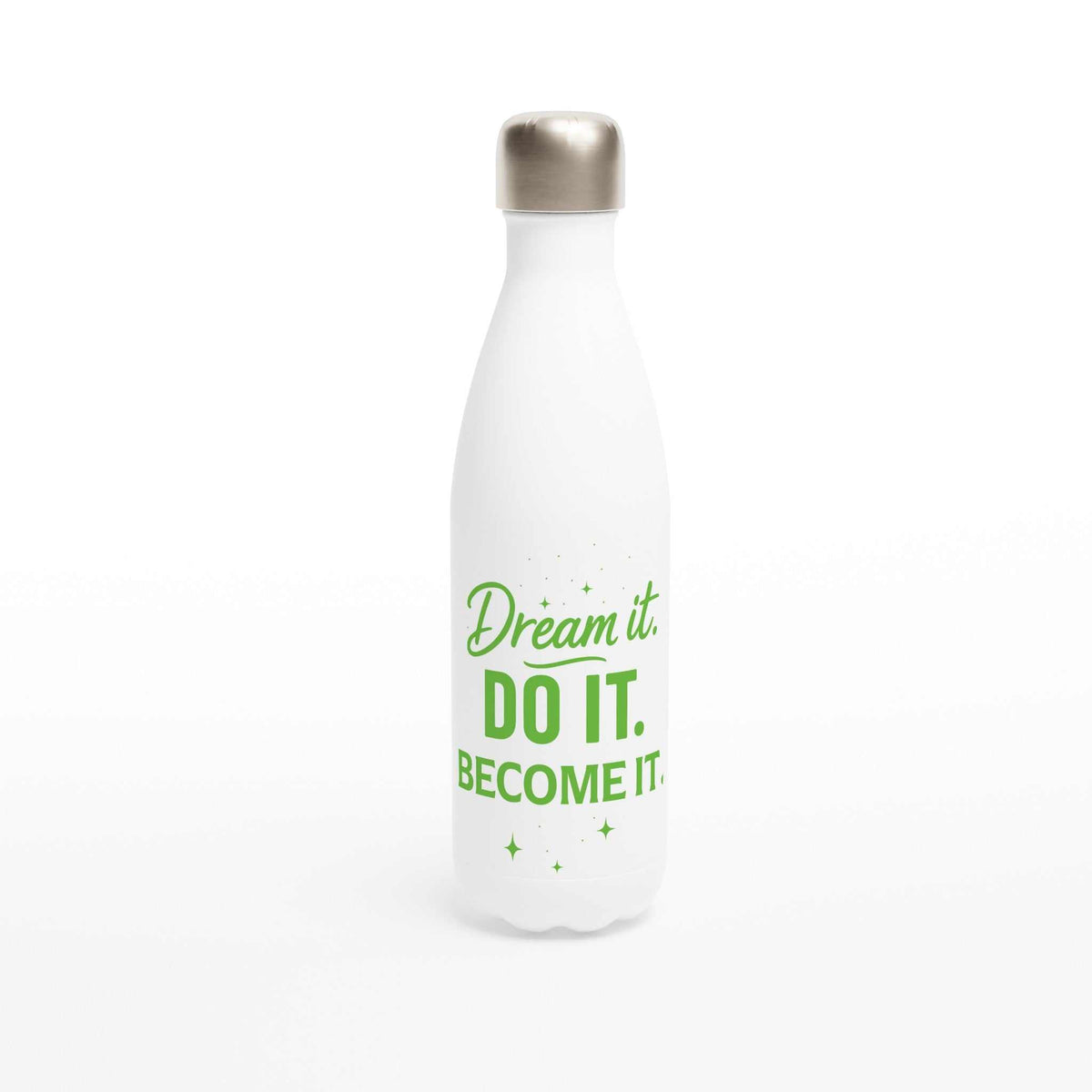 Green and white stainless steel motivational water bottle with "Dream it. Do it. Become it." text, 500ml/17oz capacity