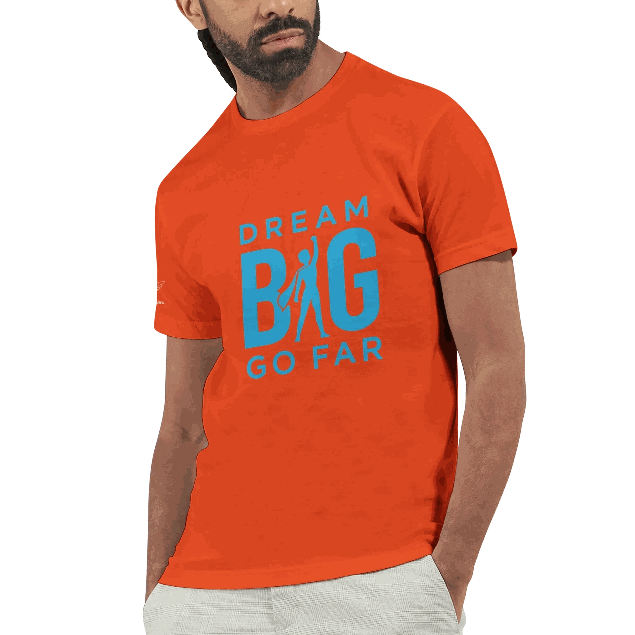 Men's fitted motivational t-shirt in orange with bold blue "Dream BIG Go Far" text and graphic, lightweight and comfortable design.