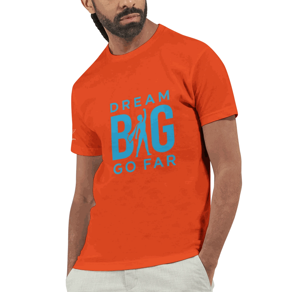 Men's fitted motivational t-shirt in orange with bold blue "Dream BIG Go Far" text and graphic, lightweight and comfortable design.