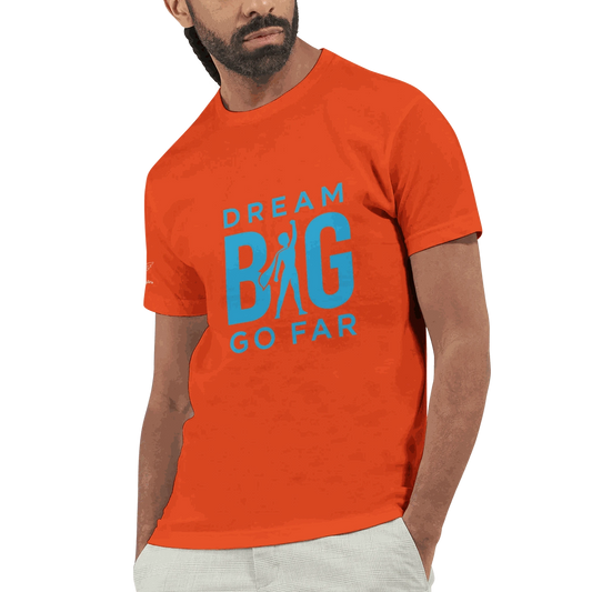 Men's fitted motivational t-shirt in orange with bold blue "Dream BIG Go Far" text and graphic, lightweight and comfortable design.