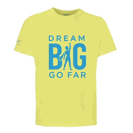 Dream BIG Go Far motivational organic cotton unisex t-shirt with blue text and superhero silhouette design on yellow background