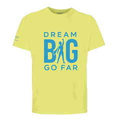 Dream BIG Go Far motivational organic cotton unisex t-shirt with blue text and superhero silhouette design on yellow background