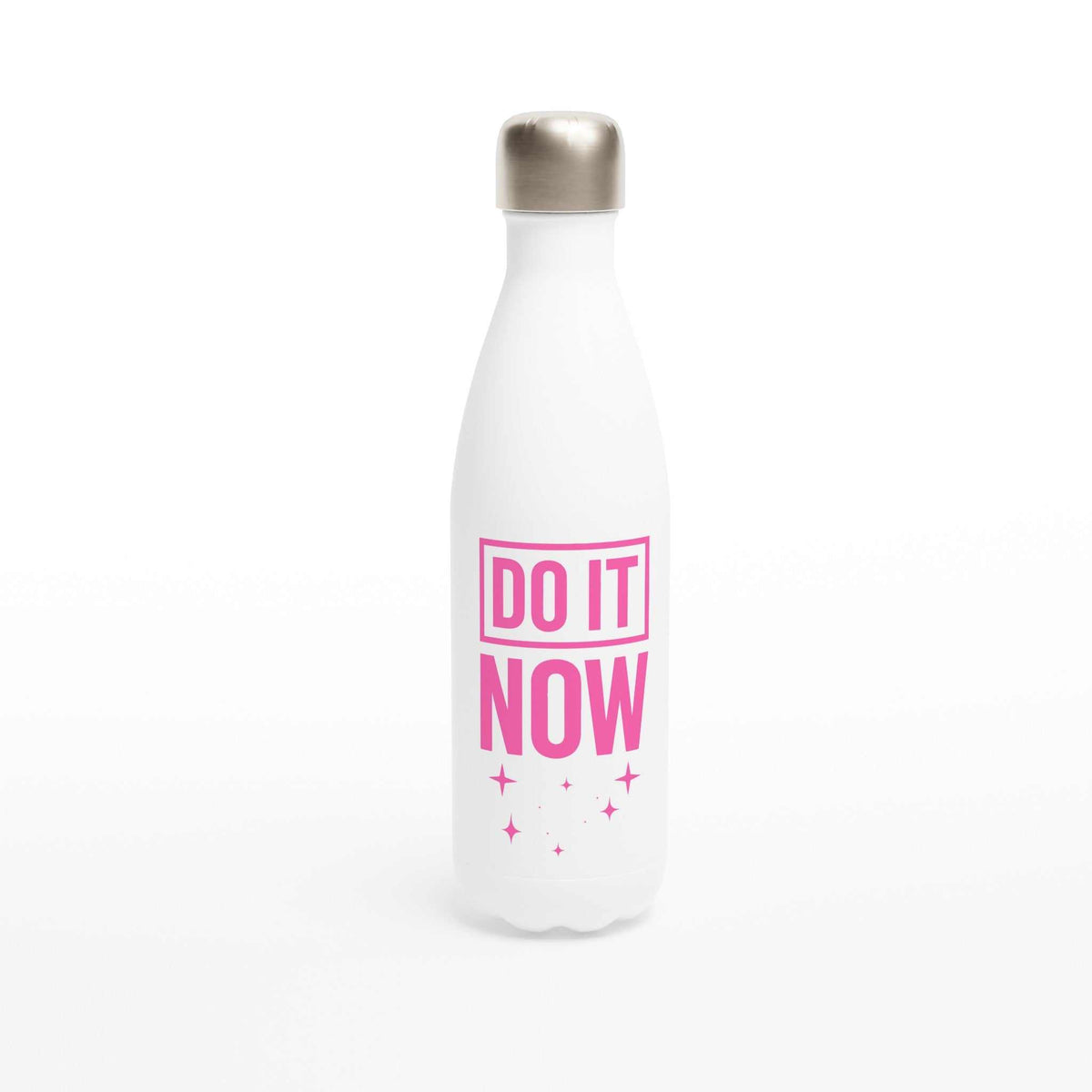 White stainless steel 500ml motivational water bottle with pink Do It NOW text and silver cap