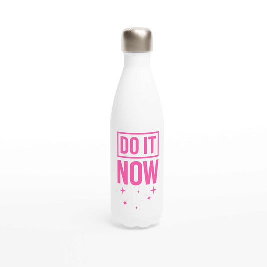 White stainless steel 500ml motivational water bottle with pink Do It NOW text and silver cap