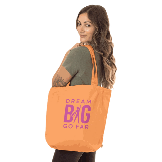 Organic Dream BIG Tote Bag with long handles and motivational quote "Dream BIG Go Far" in orange color