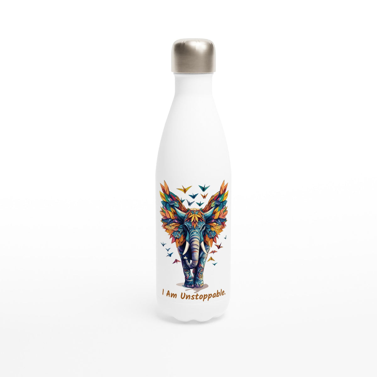 White 500ml stainless steel motivational water bottle with colorful elephant design and "I Am Unstoppable" text