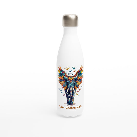 White 500ml stainless steel motivational water bottle with colorful elephant design and "I Am Unstoppable" text
