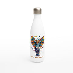 White 500ml stainless steel motivational water bottle with colorful elephant design and "I Am Unstoppable" text